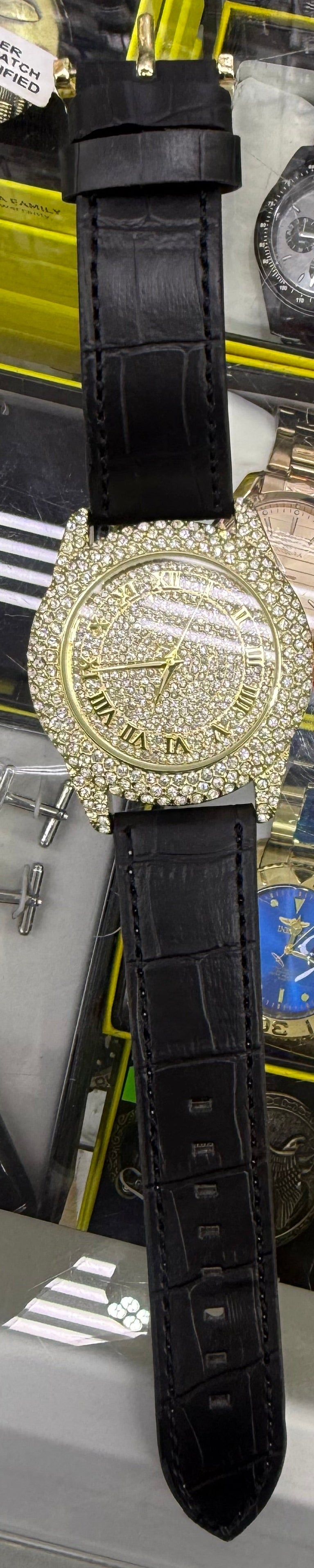 Gold Roman Prestige Iced-Out Leather Watch