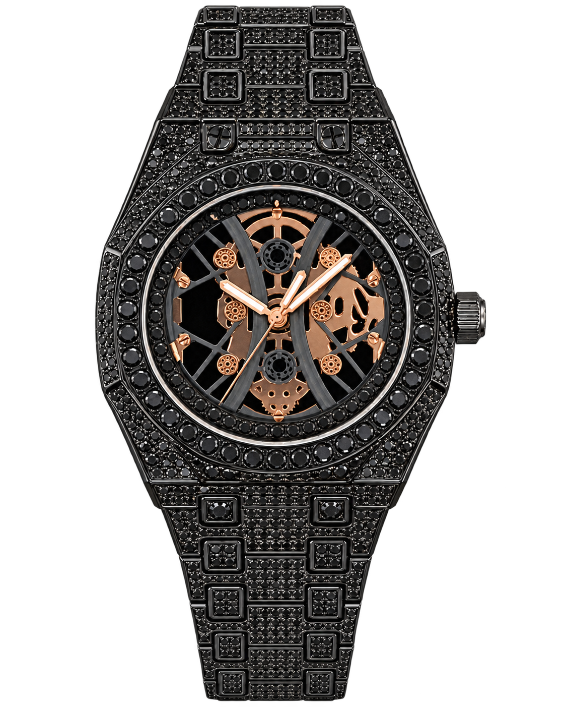 Black & Rose Gold Skeleton Iced-Out Watch