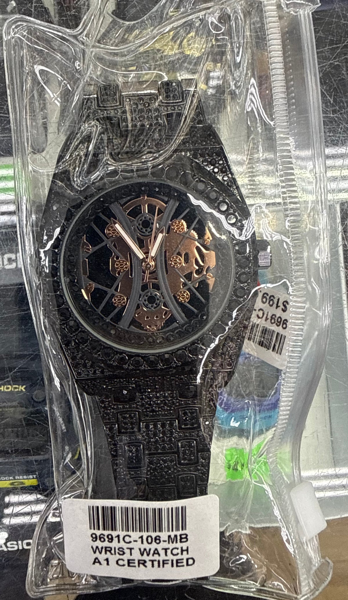 Black & Rose Gold Skeleton Iced-Out Watch