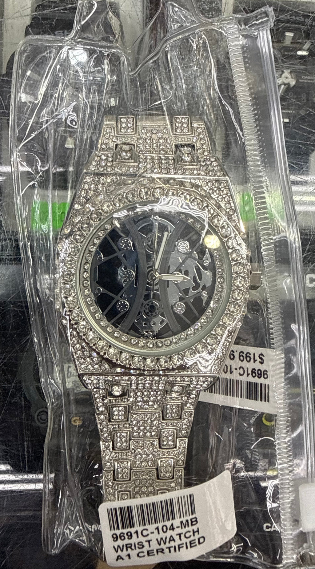 Silver & Black Skeleton Iced-Out Watch