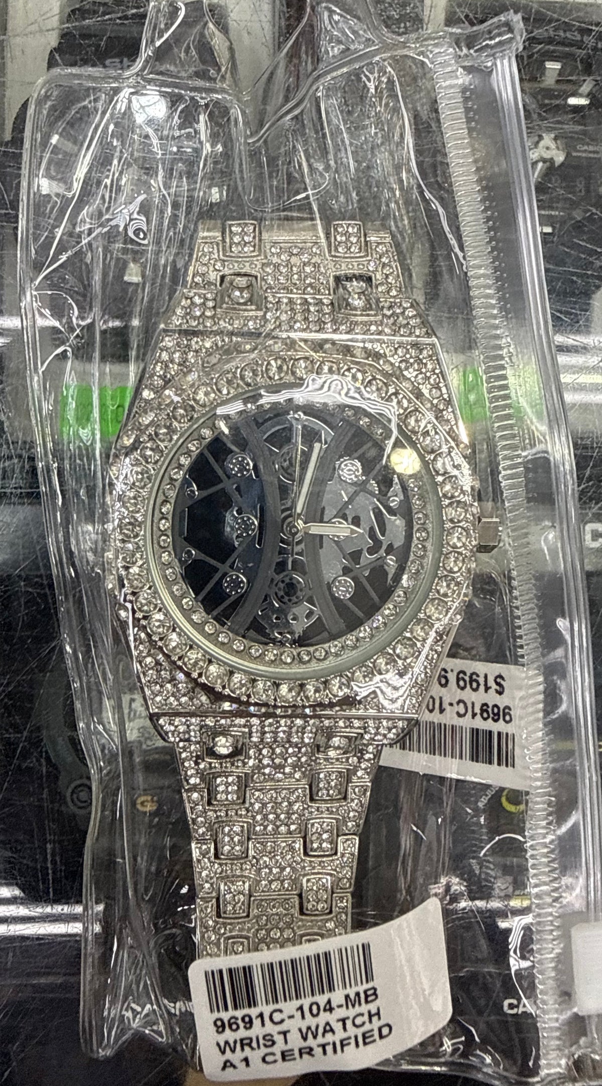 Silver & Black Skeleton Iced-Out Watch
