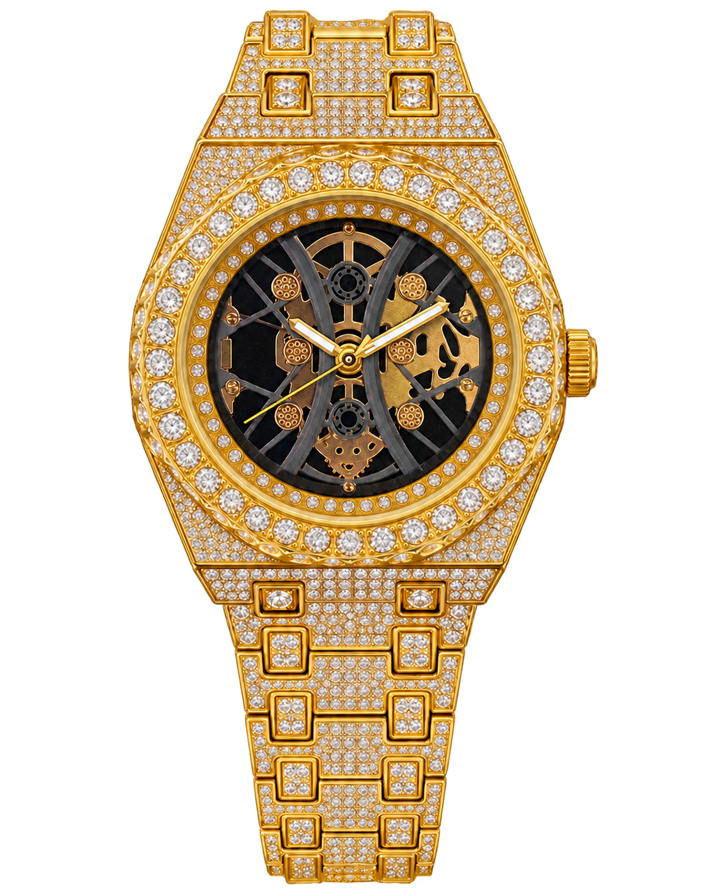 Gold & Black Skeleton Iced-Out Watch