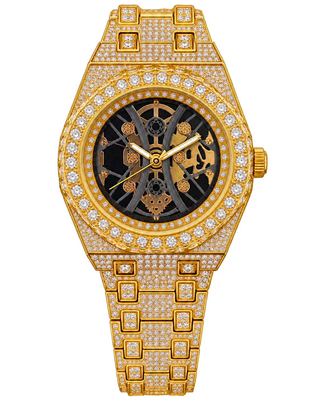 Gold & Black Skeleton Iced-Out Watch
