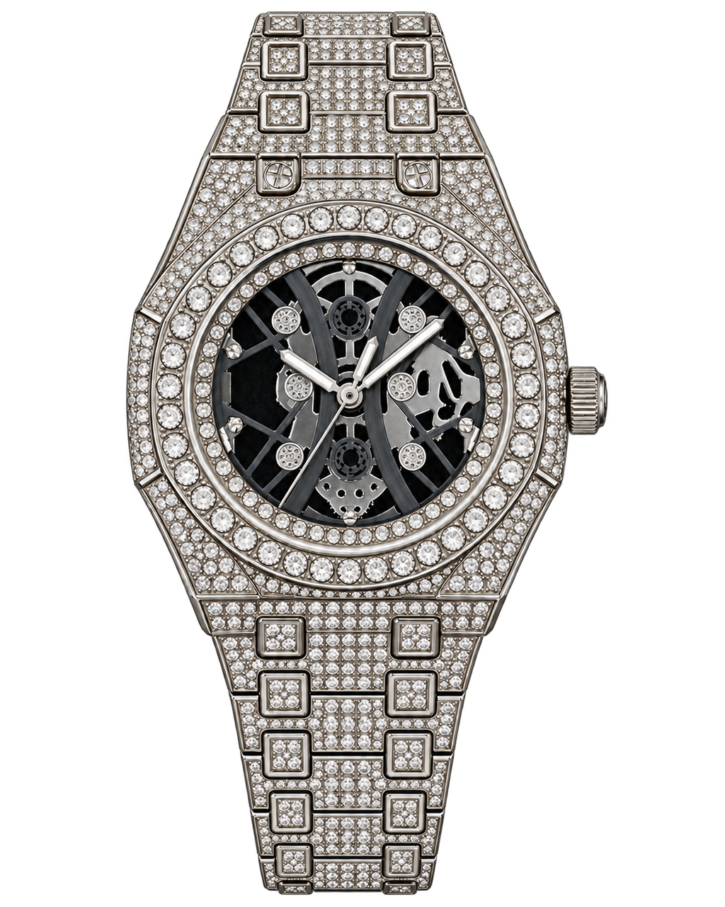 Silver & Black Skeleton Iced-Out Watch