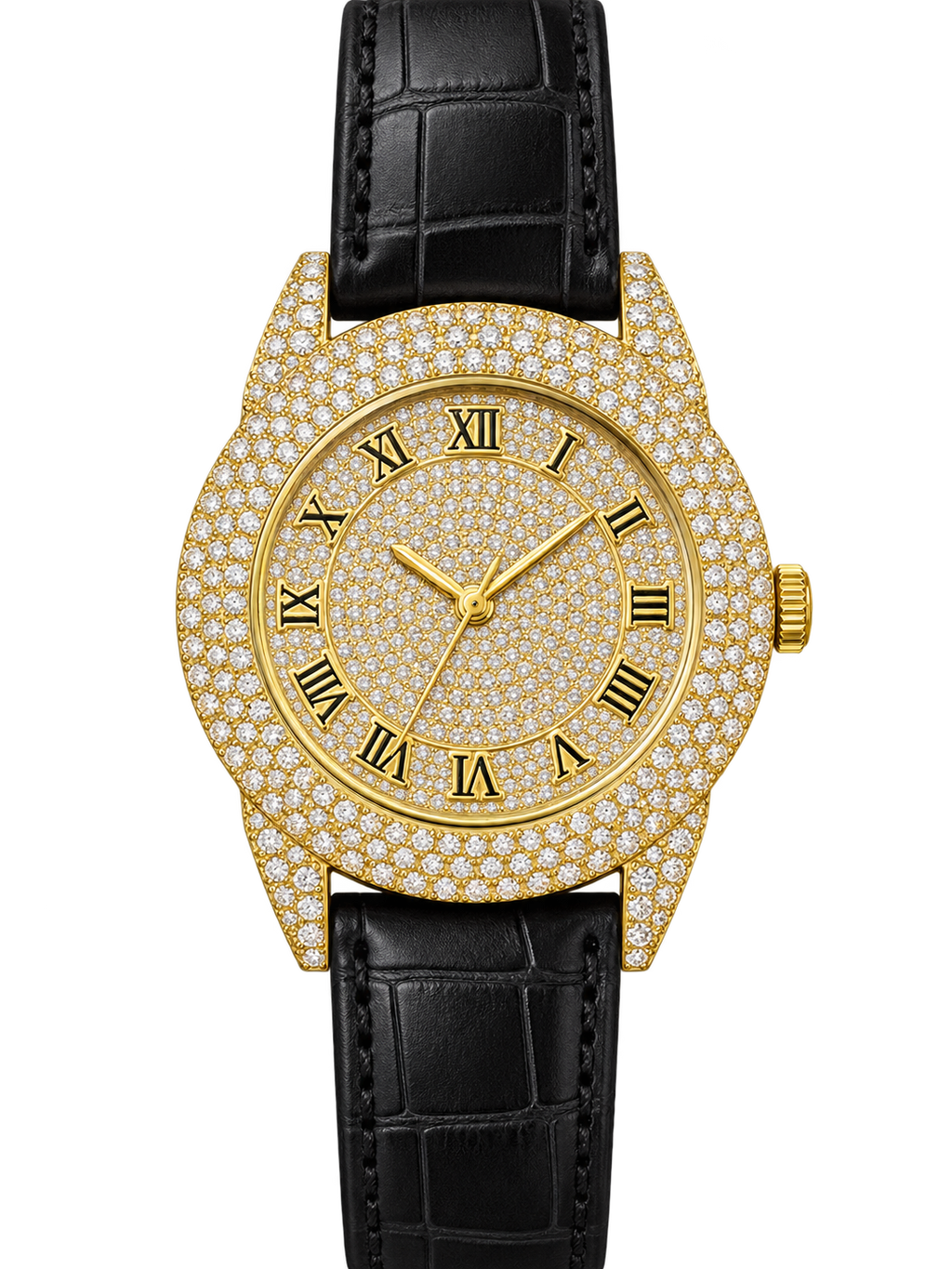 Gold Roman Prestige Iced-Out Leather Watch