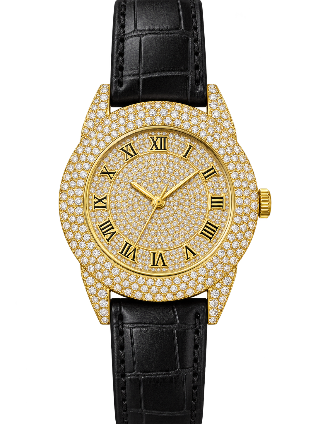Gold Roman Prestige Iced-Out Leather Watch